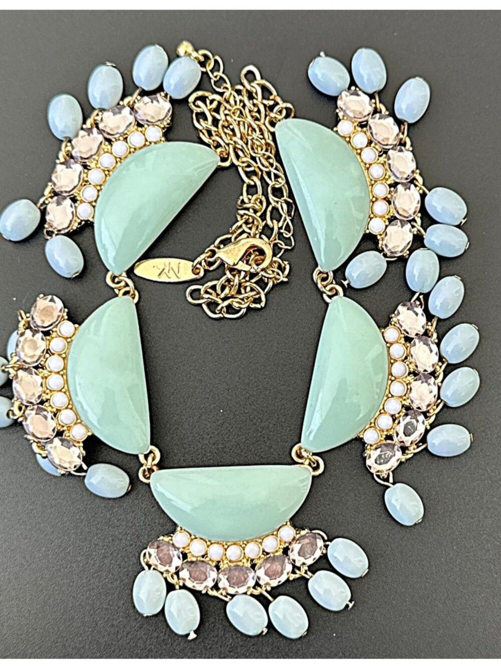 New York and Co Statement Necklace Gold Tone Blue Beaded Fringe